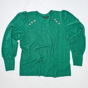 Zac & Rachel Emerald Green Cable Knit Sweater L Gold Button Shoulder Puff Sleeve